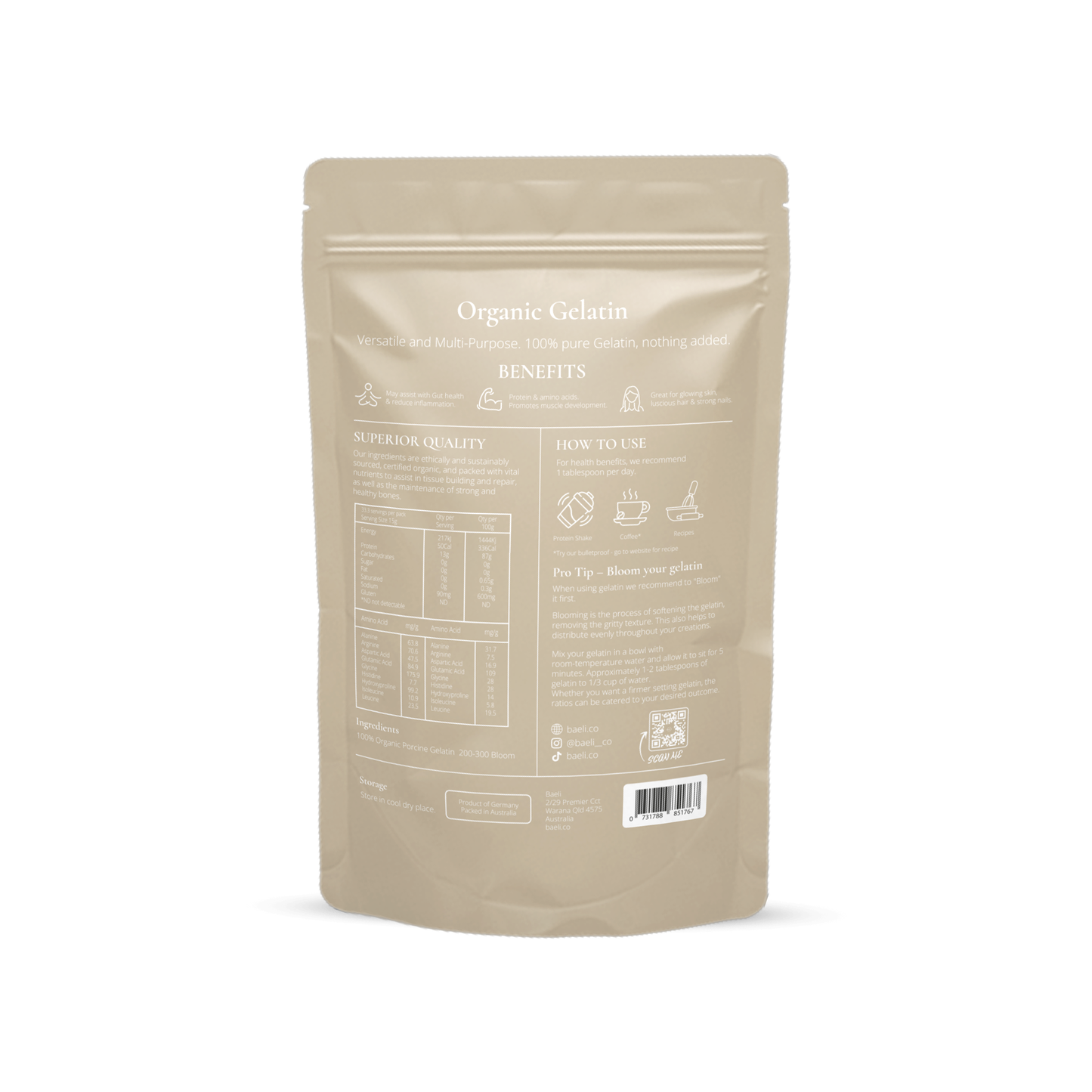 Baeli Organic Gelatin 500g - Pure Grass-Fed Bovine Collagen Powder for Gut, Skin, Joints, and Hair Health